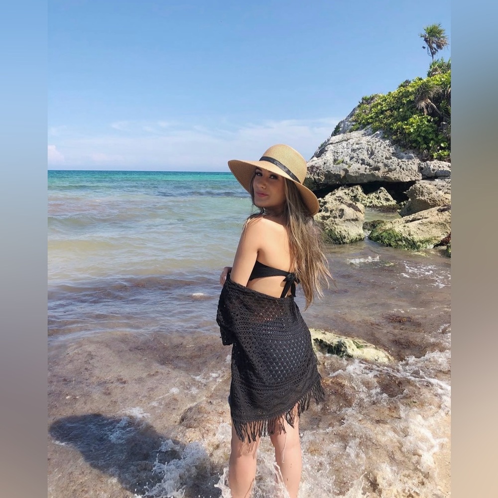 Coastal beach Straw Sun Hat with black bow ribbon - Resort, vacation, summer